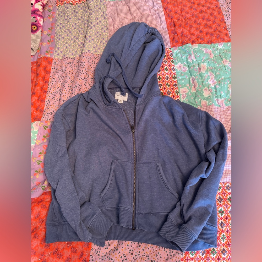 American Eagle Blue Cropped Zip-Up Hoodie